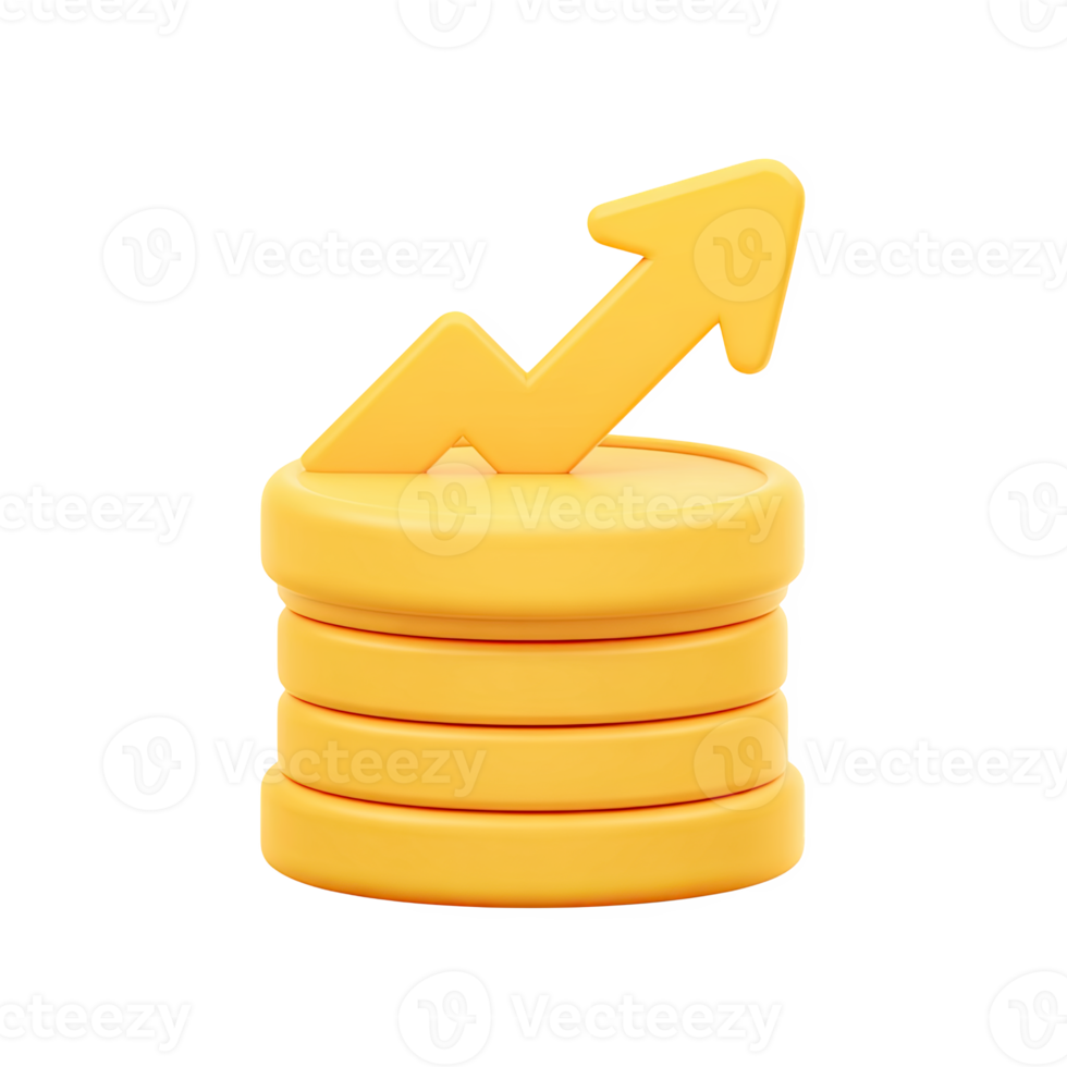 Yellow 3D stack of coins with an orange upward zig-zag arrow. Represents fluctuating financial market, volatile investment growth, or dynamic profit trends. Rendered, isolated. png