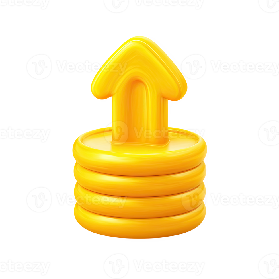 Yellow 3D stack of coins with an upward arrow. Symbolizes increasing financial value, investment growth, rising market prices, or profit trends. Rendered, isolated. png