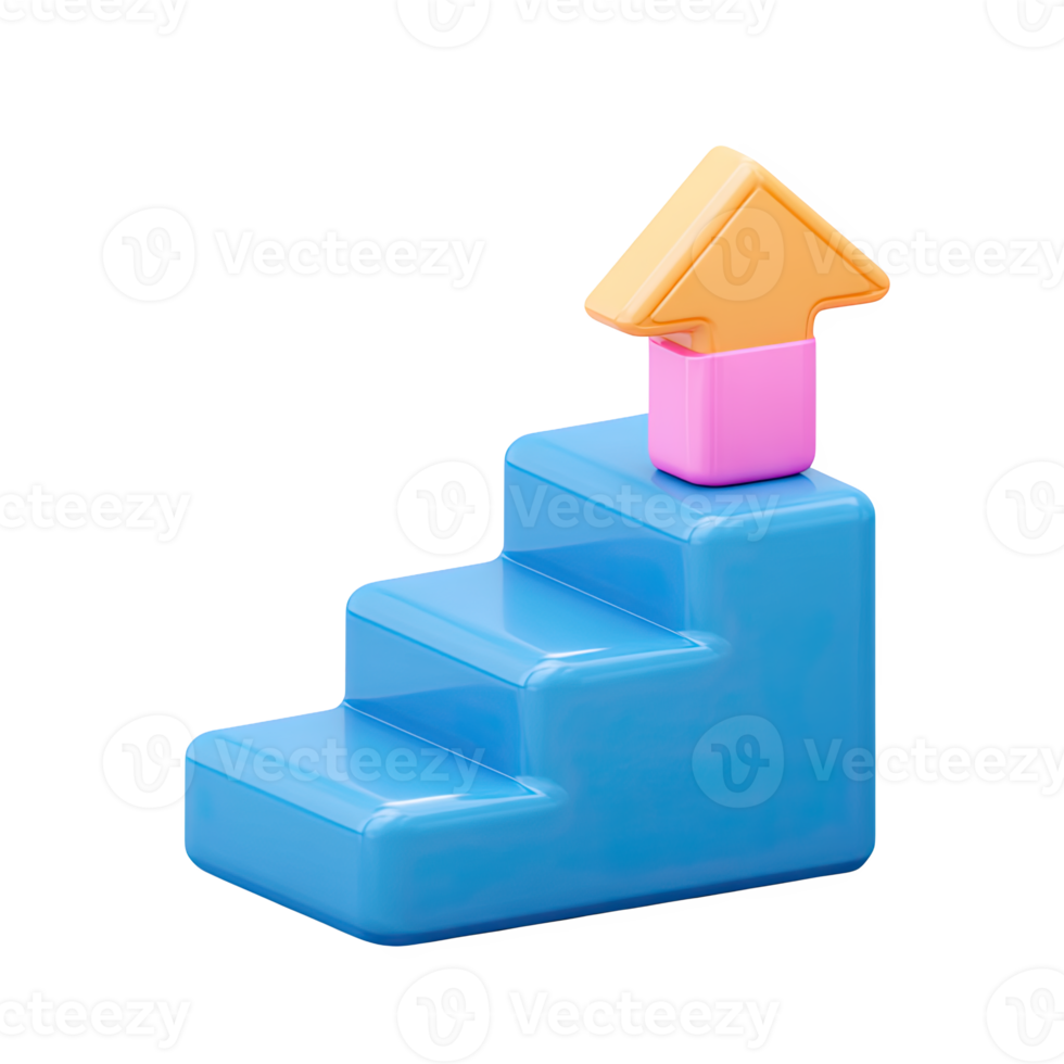 Blue 3D steps with an orange upward arrow. Symbolizes phased market growth, step-by-step progress, gradual trend development, or career advancement. Rendered, isolated. png