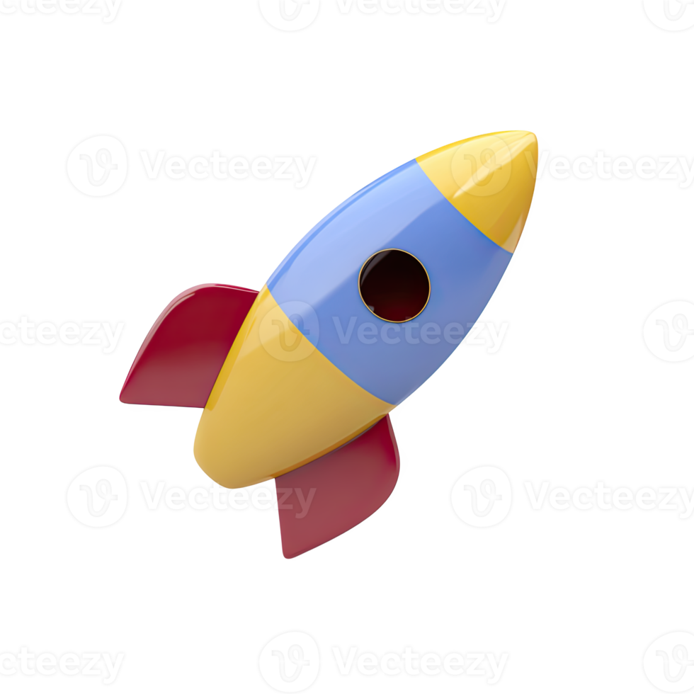 Red, yellow, and blue 3D toy rocket. Represents startup market entry, initial growth phase, or innovative business ideas taking off. For new ventures. Rendered, isolated. png