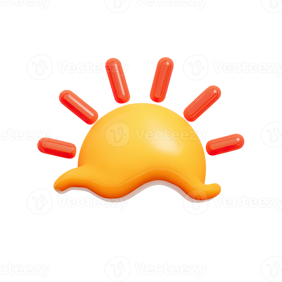 Playful 3D sun icon with red rays, melting base. Symbolizes hot market conditions, fleeting trends, or the heat of competition. For dynamic states. Rendered, isolated. png