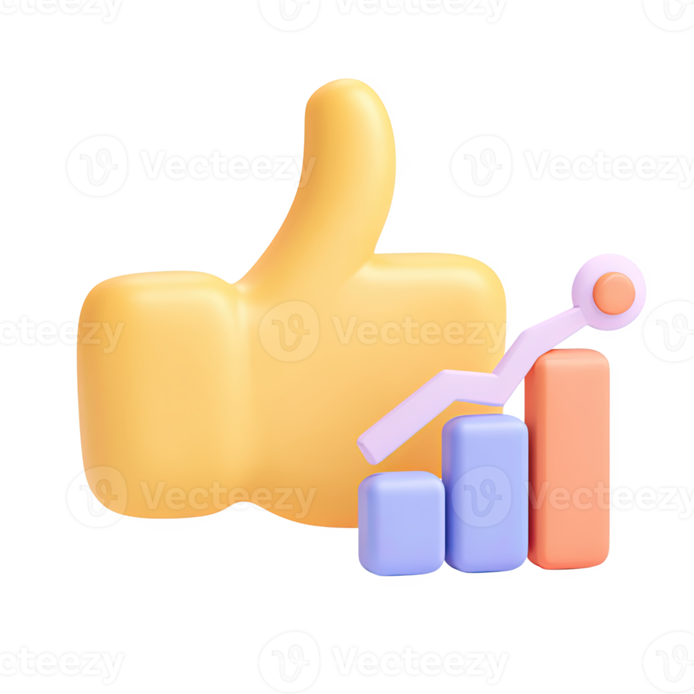 3D thumbs up with a small bar chart. Represents positive market feedback, successful trend approval, or good financial performance. For endorsement. Rendered, isolated. png