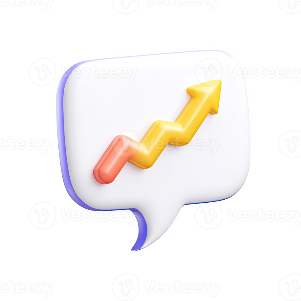 White 3D speech bubble, orange upward zig-zag arrow. Signifies volatile market discussions, trending news, or fluctuating public opinion. For comms. Rendered, isolated. png