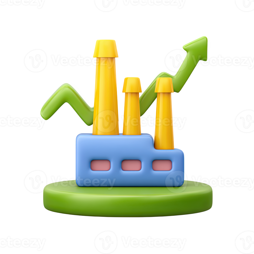 Green 3D factory on a platform with an upward arrow. Represents industrial growth, increasing production, and positive manufacturing market trends. Rendered, isolated. png