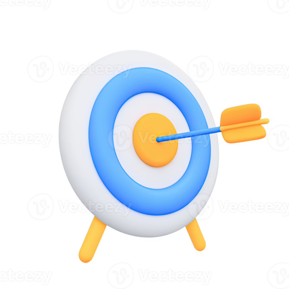 3D target with multiple arrows, some hitting bullseye. Represents market targeting strategy, achieving goals, focused efforts, or competitive accuracy. Rendered, isolated. png