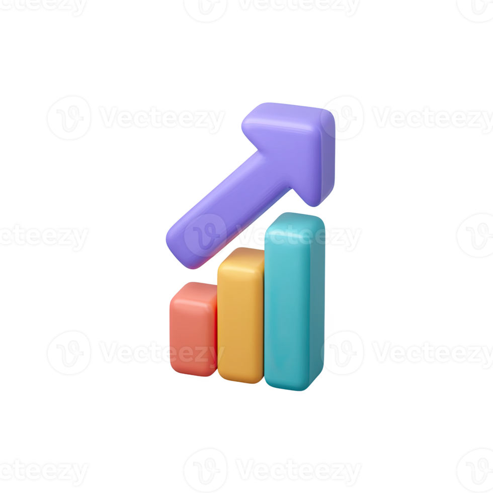 Compact 3D bar chart with an upward purple arrow. Signifies growth, positive market trends, financial success, and increasing data. For business. Rendered, isolated. png