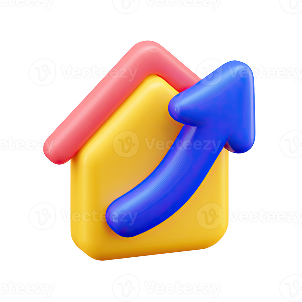 Yellow 3D house with red roof and large blue upward arrow. Signifies strong real estate growth, booming property market, or high home values. Rendered, isolated. png