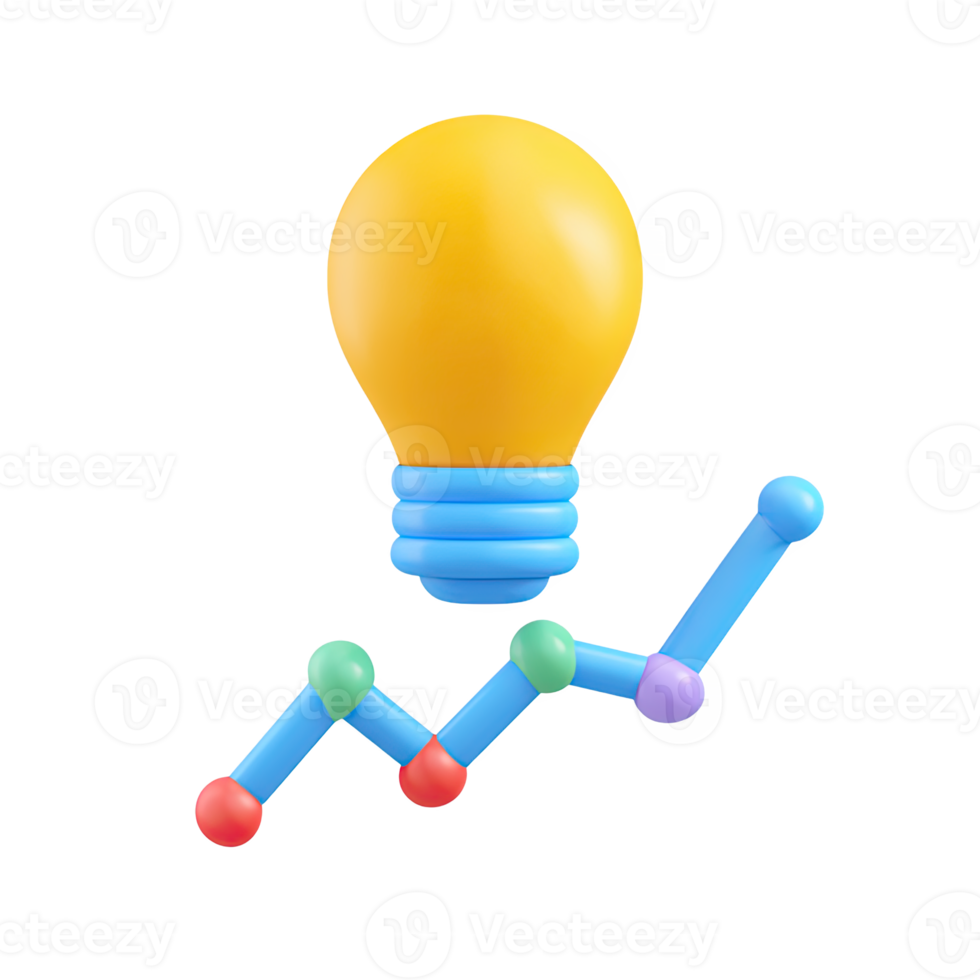 Yellow 3D lightbulb with a colorful growing line graph. Represents innovative ideas leading to market growth or trend-setting concepts. Rendered, isolated. png