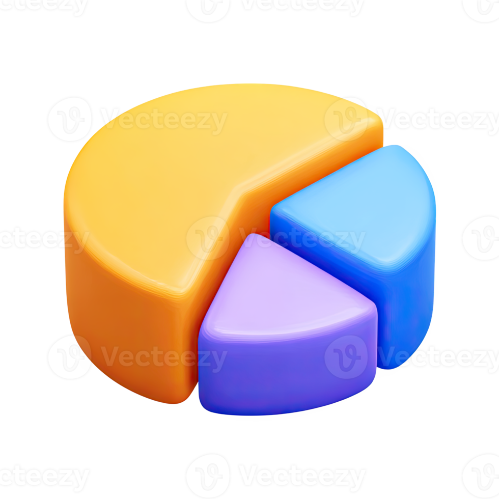 Orange, purple, and blue 3D pie chart icon. Symbolizes market share, data segmentation, financial distribution, or statistical analysis. Rendered, isolated. png