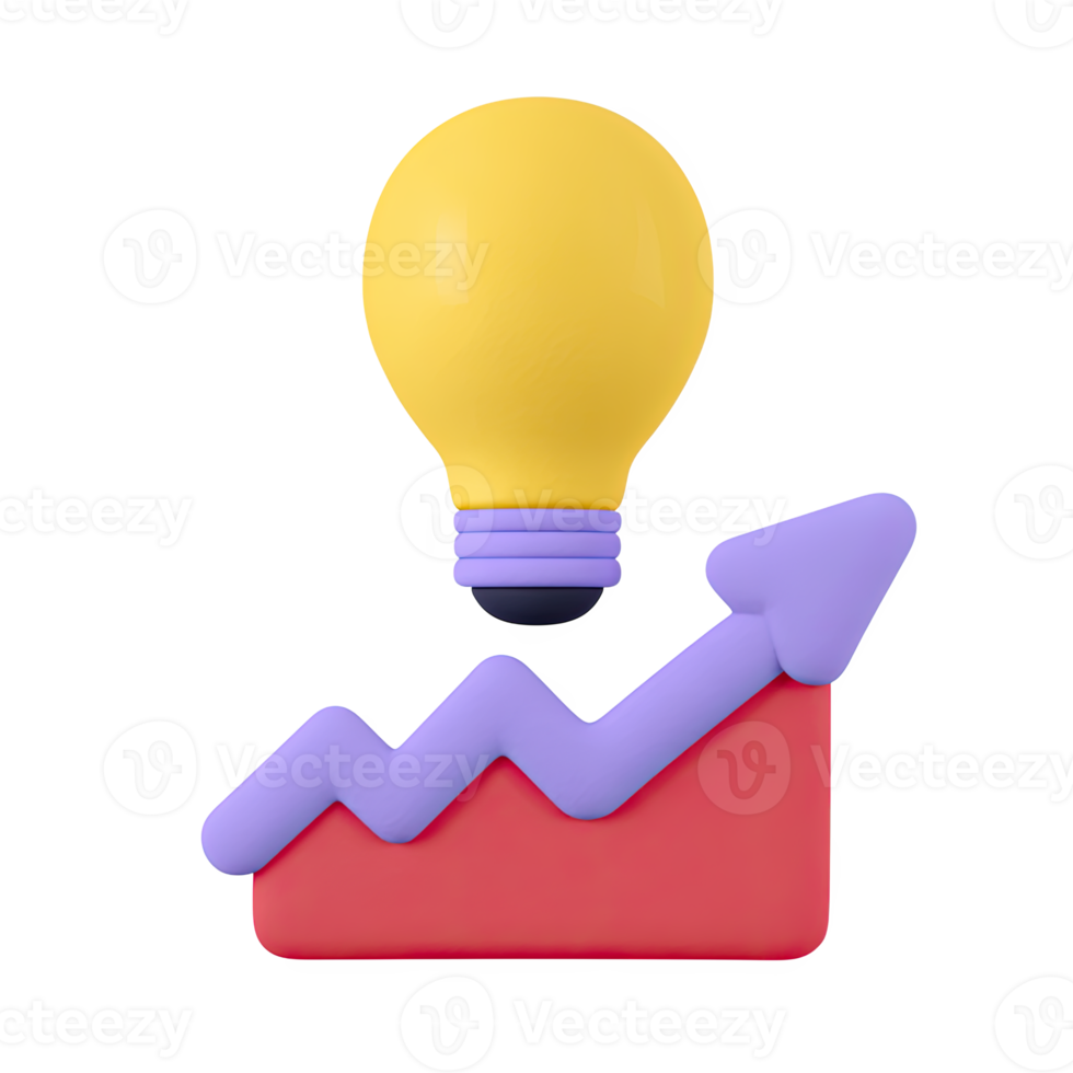 Yellow 3D lightbulb above a red upward bar chart. Symbolizes bright ideas driving market growth, innovative strategies, and successful trends. Rendered, isolated. png