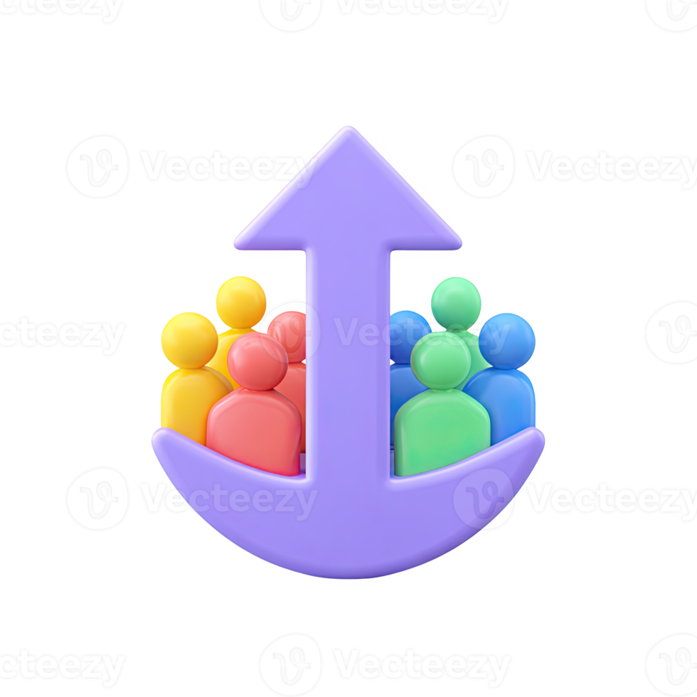Colorful 3D figures on an anchor with an upward arrow. Symbolizes stable growth, secure market trends, or foundational team success. Rendered, isolated. png