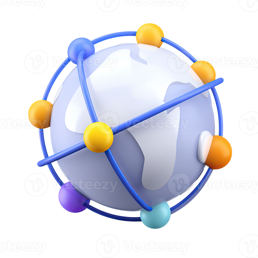 White and blue 3D globe with colorful connection points. Symbolizes global market integration, worldwide network trends, or international data exchange. Rendered, isolated. png