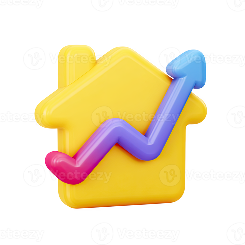Yellow 3D house icon with a blue upward arrow. Symbolizes rising real estate market, increasing property value, or home improvement trends. Rendered, isolated. png