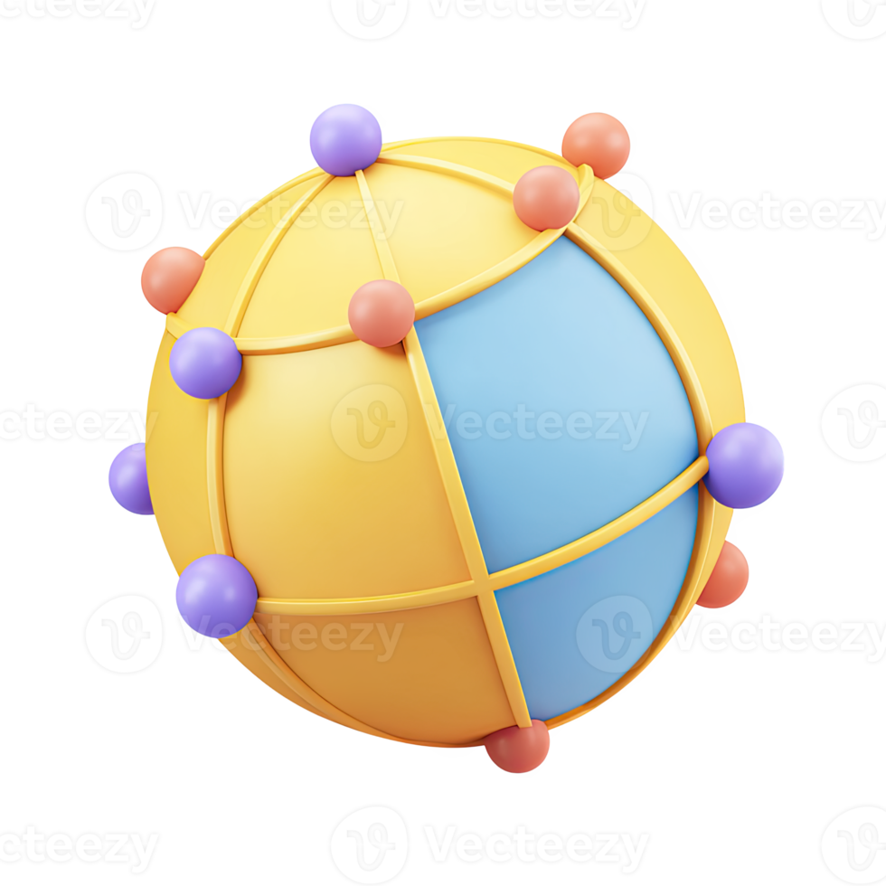 Yellow 3D globe with interconnected nodes. Represents global market trends, international business networks, worldwide connectivity, or interconnected economies. Rendered, isolated. png