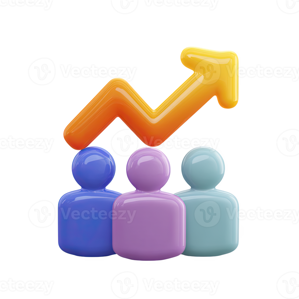Three 3D figures with an orange upward arrow. Represents team growth, collaborative success, or positive demographic market trends. Rendered visual, isolated. png