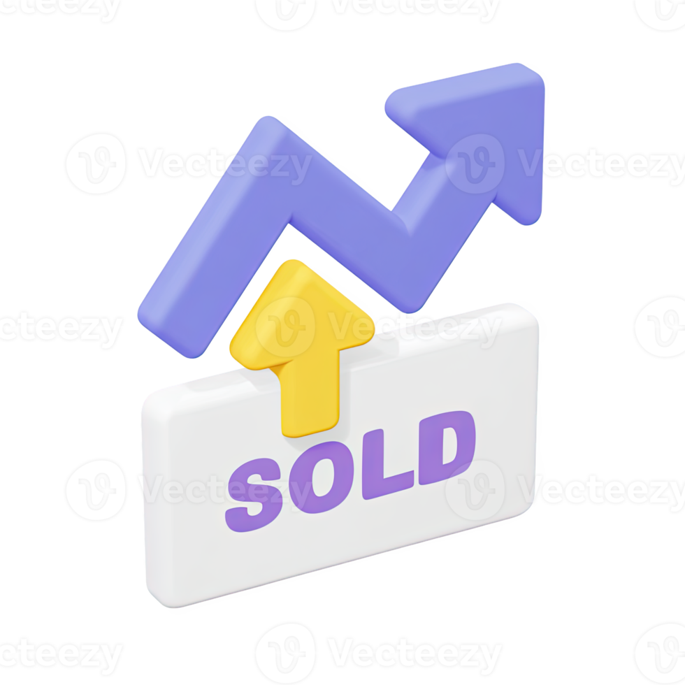 3D 'SOLD' sign with a purple and yellow upward arrow. Symbolizes successful sales, increasing market demand, and positive transaction trends. Rendered, isolated. png