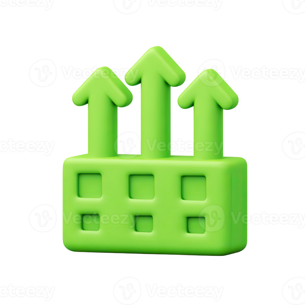 Green 3D factory-like structure with multiple upward arrows. Symbolizes collective industrial growth, increased output, and strong market demand. Rendered, isolated. png