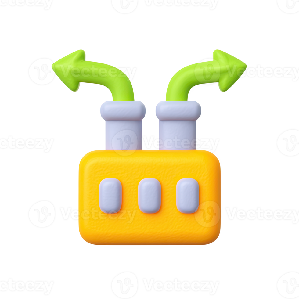 Yellow 3D factory icon with green diverging arrows. Symbolizes production choices, market diversification, or splitting manufacturing trends. Rendered, isolated. png