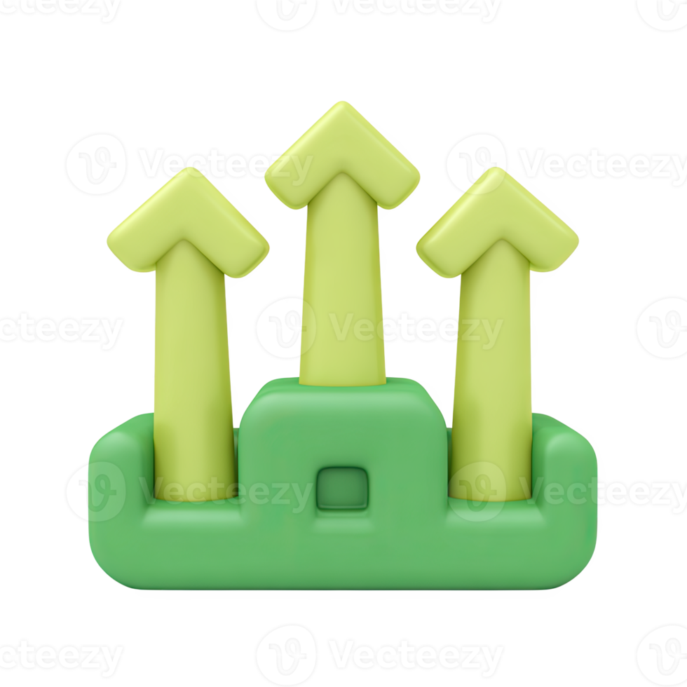 Three green 3D upward arrows from a base. Represents simultaneous growth, multiple positive market trends, or increasing parallel factors. Rendered, isolated. png