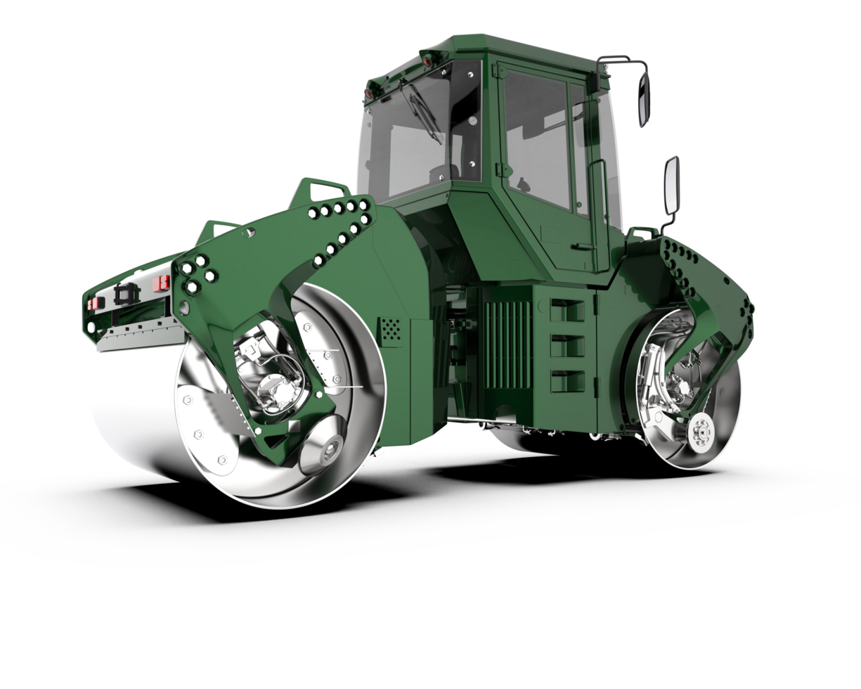 A green construction machine with wheels on the ground png