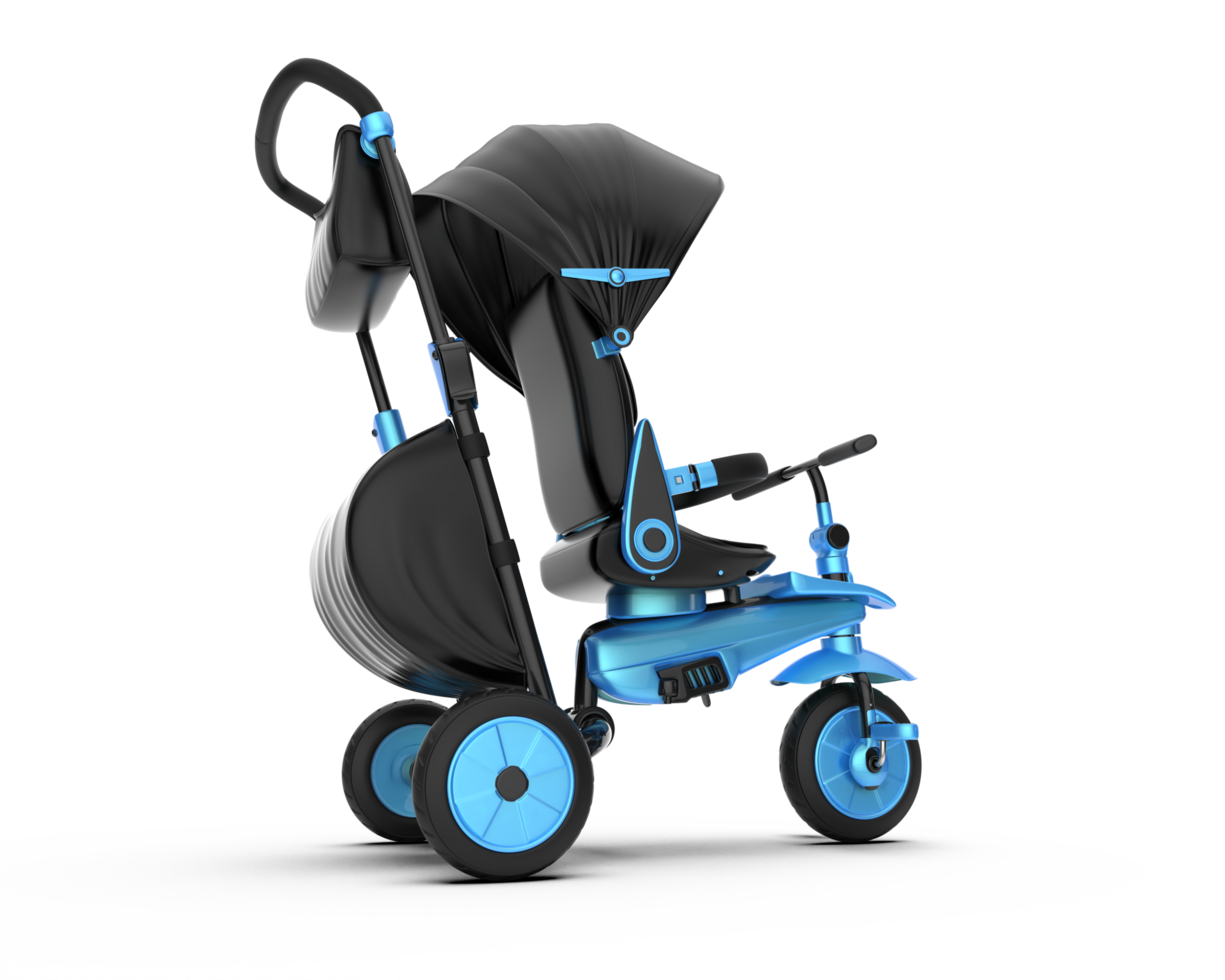 A blue and black baby stroller with a black cover png