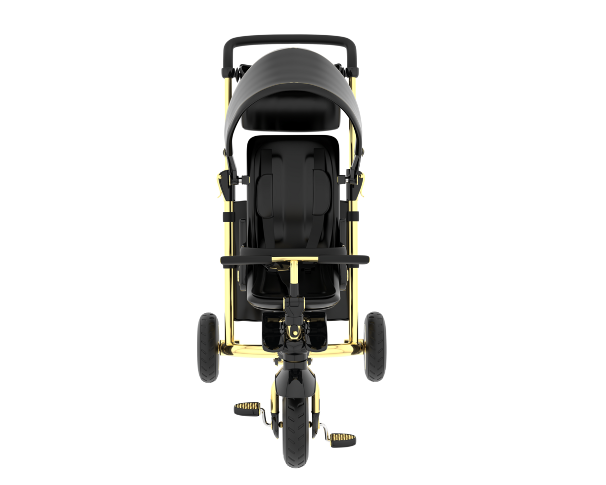 A baby stroller with a black and gold color scheme png