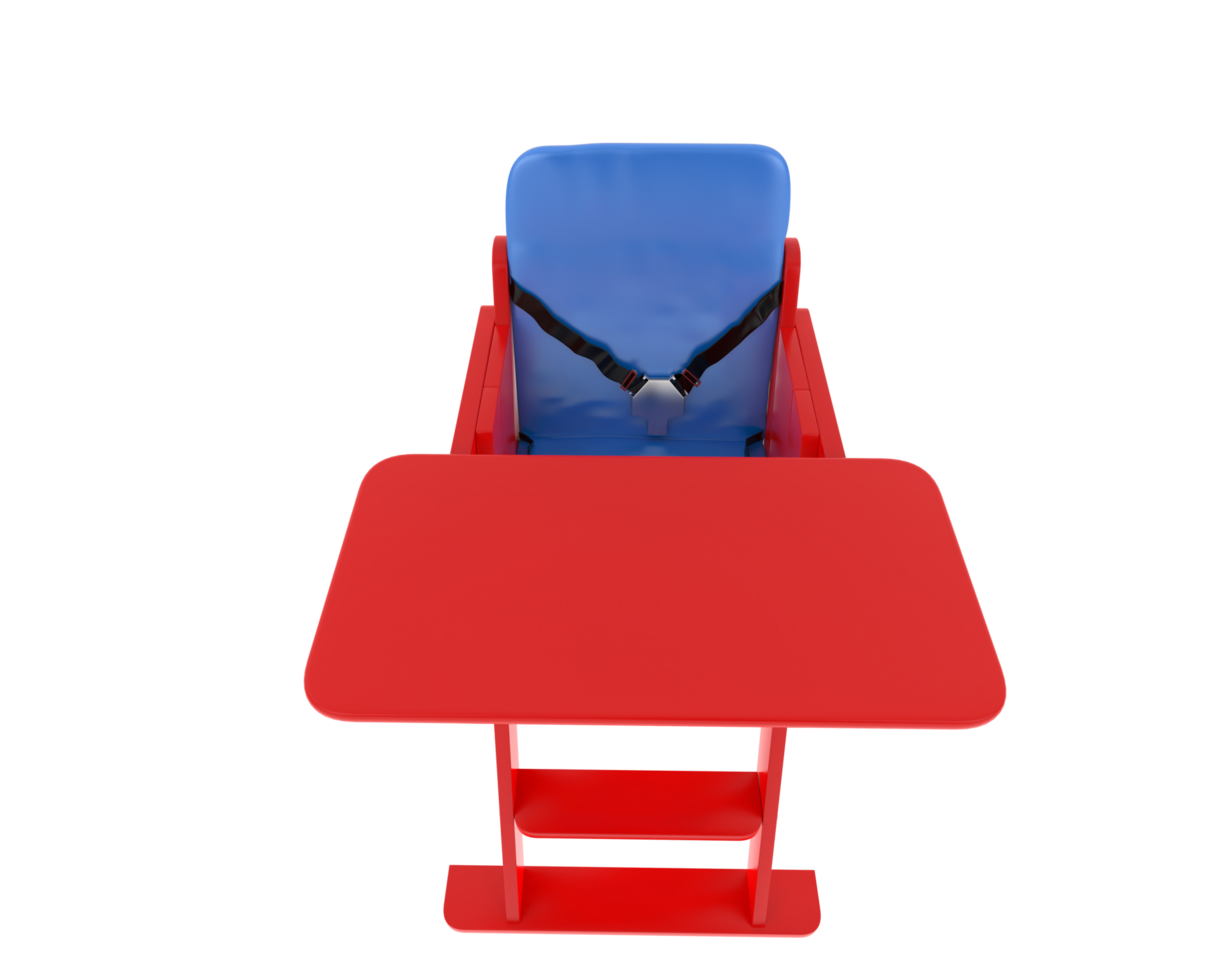 A red high chair with blue seat and blue tray png