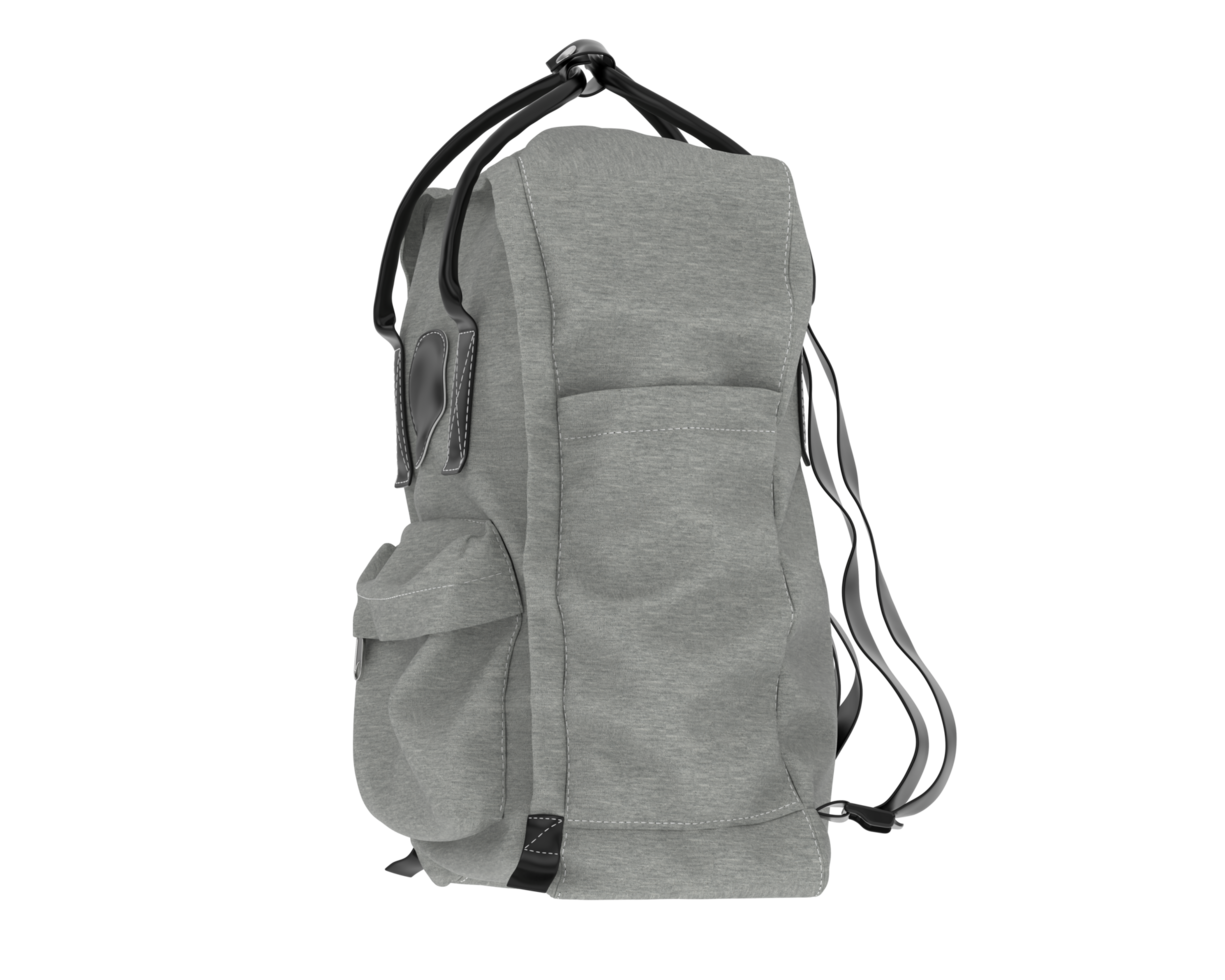 A gray backpack with a black handle on it png