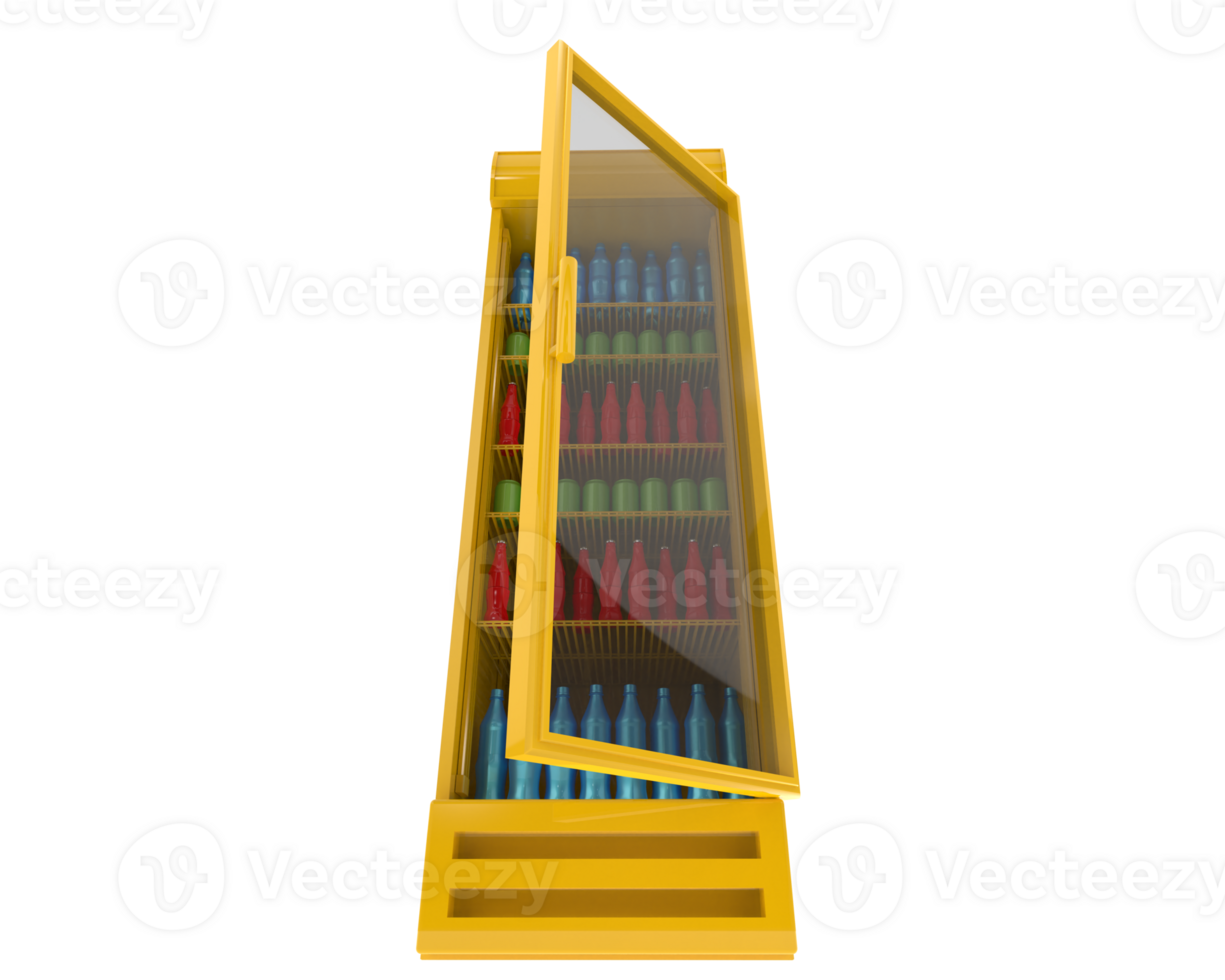 A yellow refrigerator with a glass door and a lot of bottles png