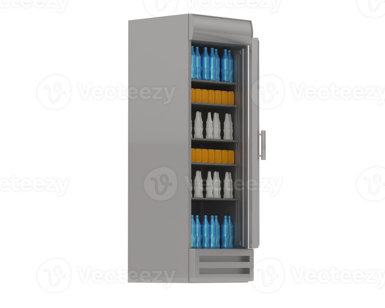 A glass door refrigerator with bottles on the shelves png