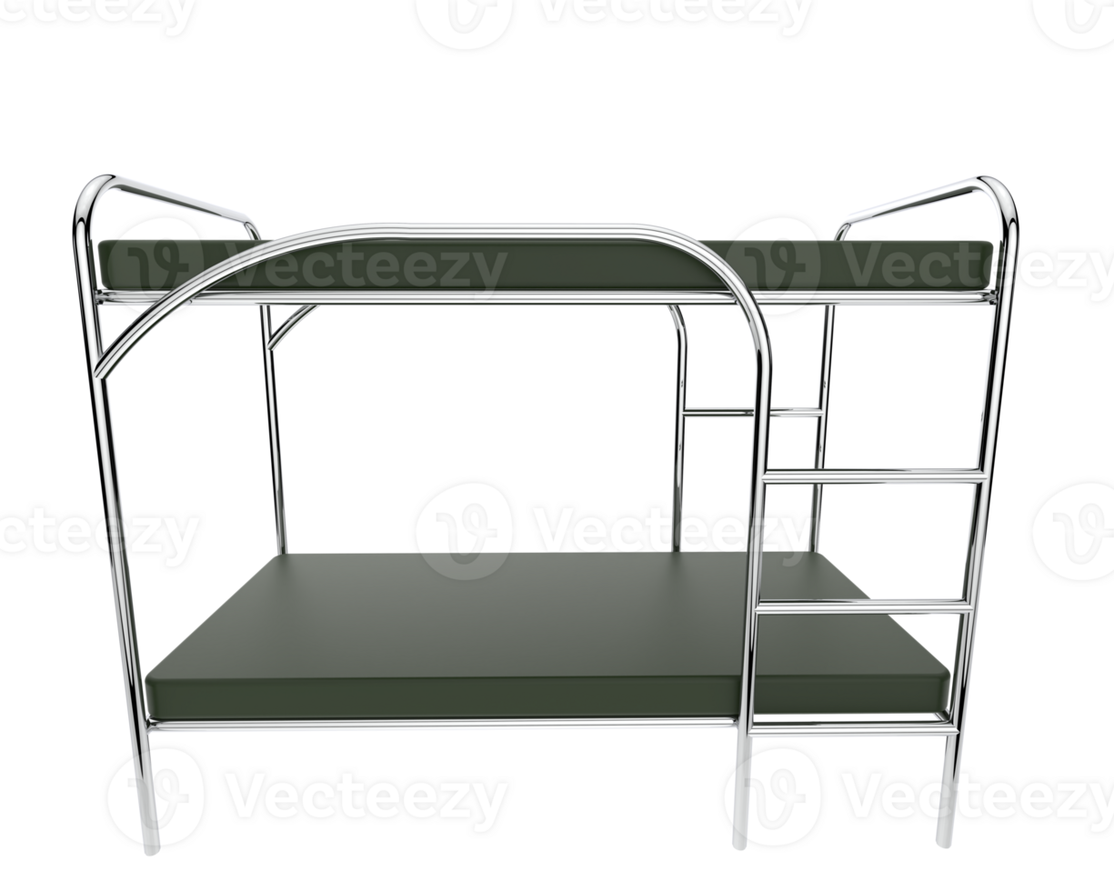 A bunk bed with a metal frame and green mattress png
