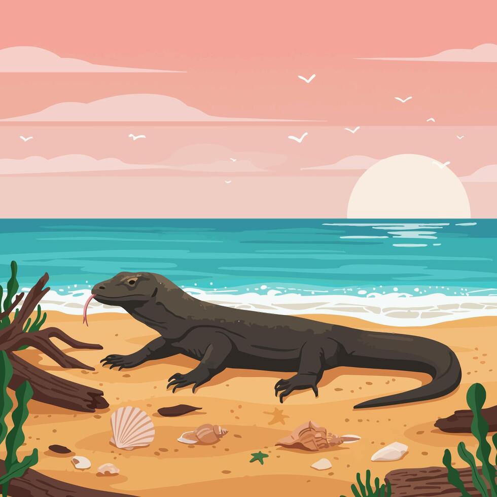 Lizard Walking on a Sandy Beach by the Ocean at Sunset vector