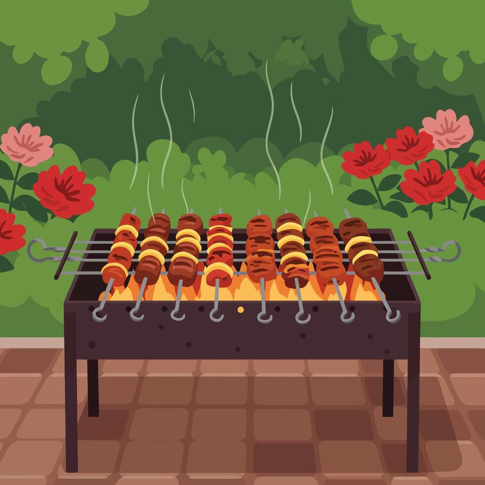Grilling Skewers with Meat and Vegetables on Charcoal Barbecue Outdoors vector