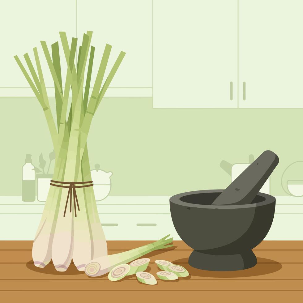Preparing Lemongrass with Mortar and Pestle in a Home Kitchen vector