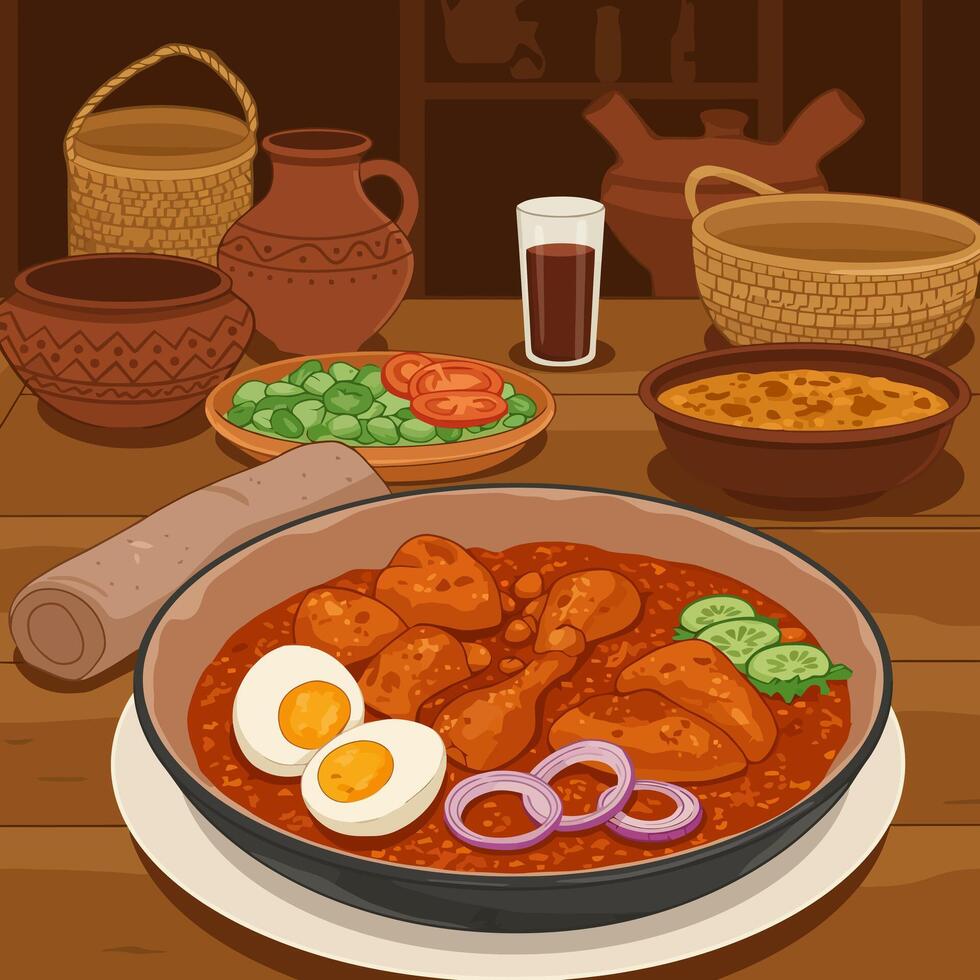 Serving Chicken Stew with Egg, Vegetables, and Traditional Beverages vector