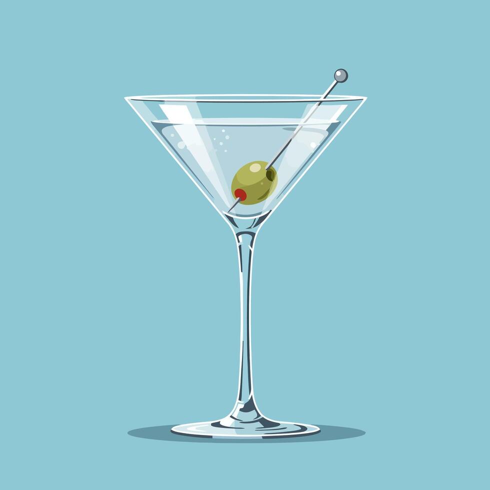 Classic Glass with Clear Liquid and Olive Skewer on Blue vector