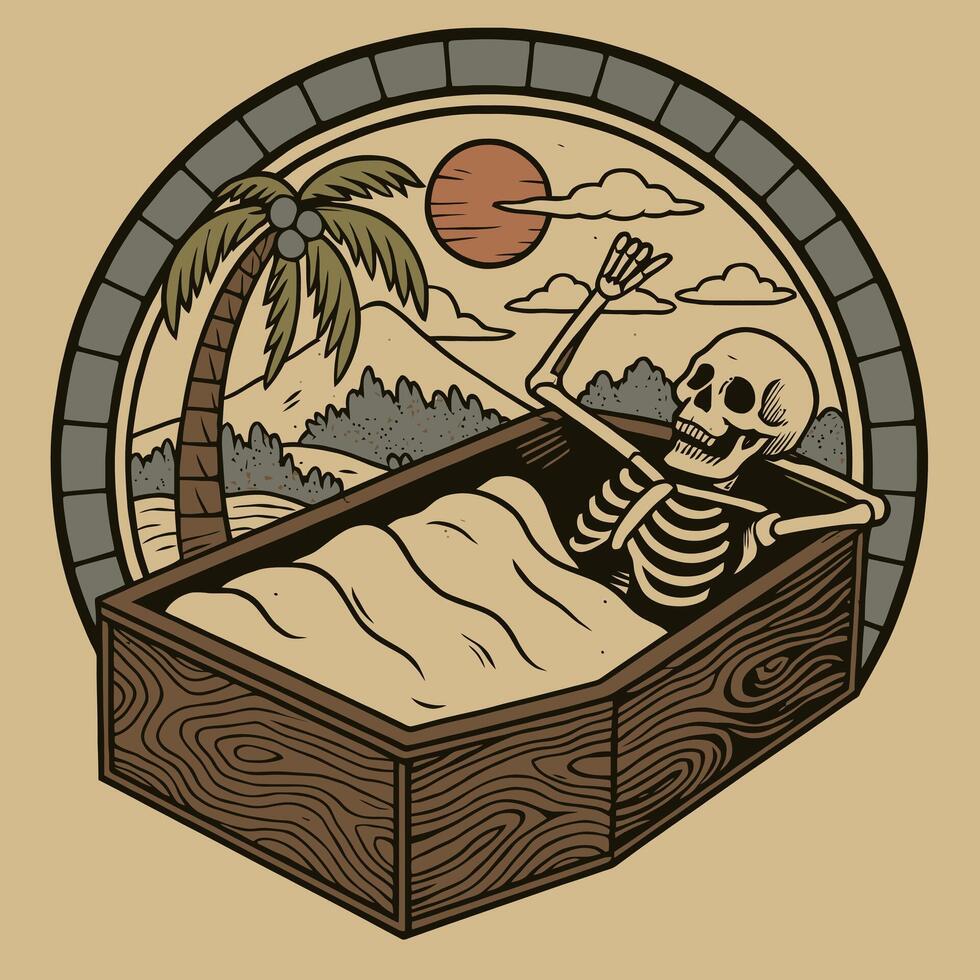Skeleton Relaxing in Coffin with Tropical Scenery Design Illustration vector