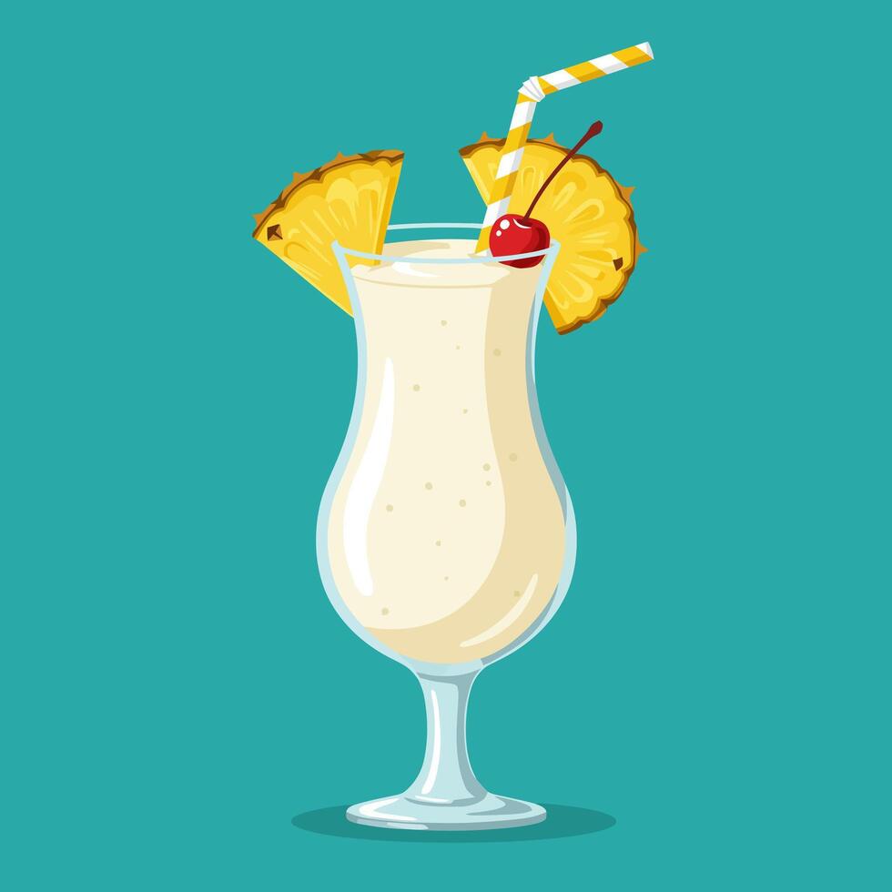 Serving Pina Colada Cocktail with Pineapple and Cherry Garnish on Blue vector