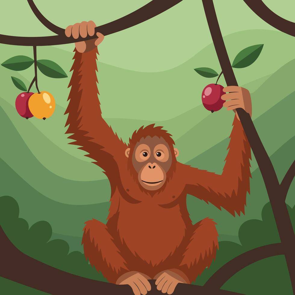 Orangutan Holding Apple While Hanging From Branch in Forest Illustration vector