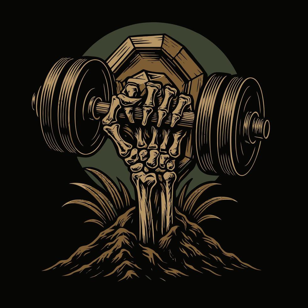 Skeleton Hand Holding Barbell Illustration in Grave with Earth vector