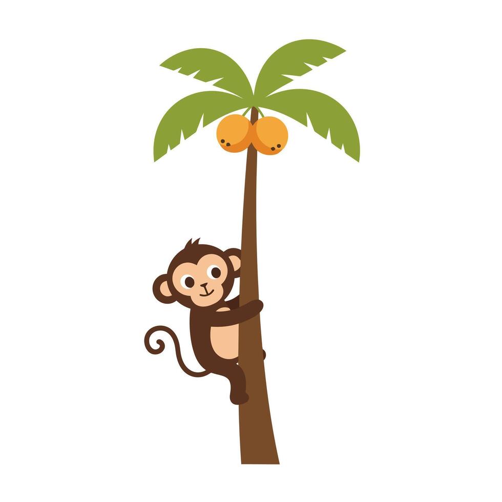 Monkey Climbing a Palm Tree with Coconuts Cartoon Illustration vector