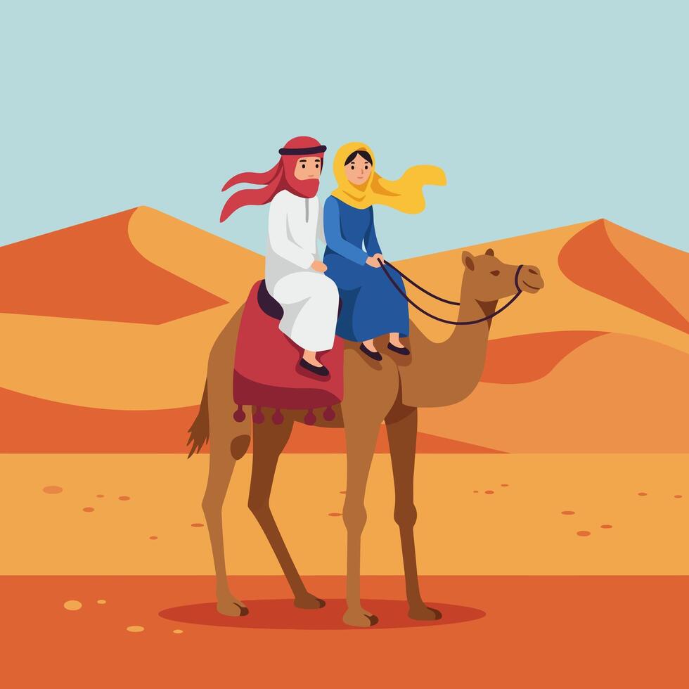 Couple Riding Camel Through Desert Landscape in Traditional Clothing vector