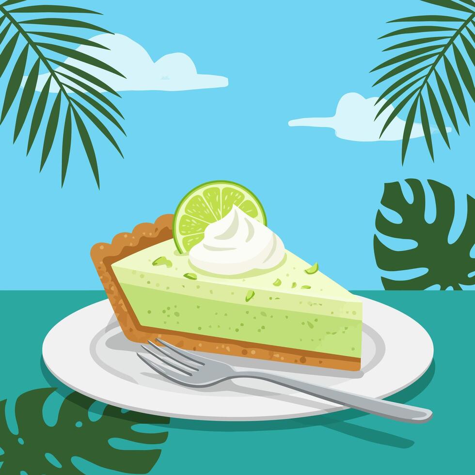 Serving Slice of Key Lime Pie with Topping and Tropical Scene vector