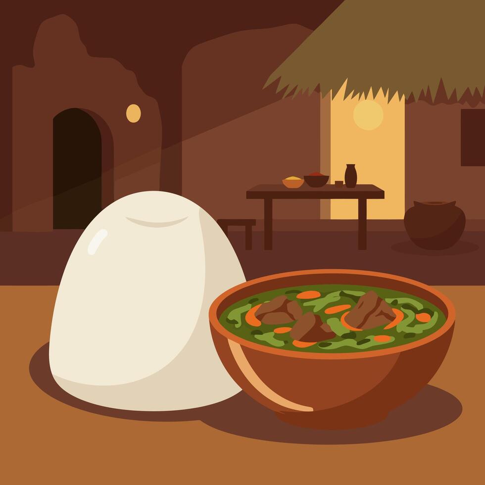 Traditional African Food with Rice and Soup in Village Setting vector