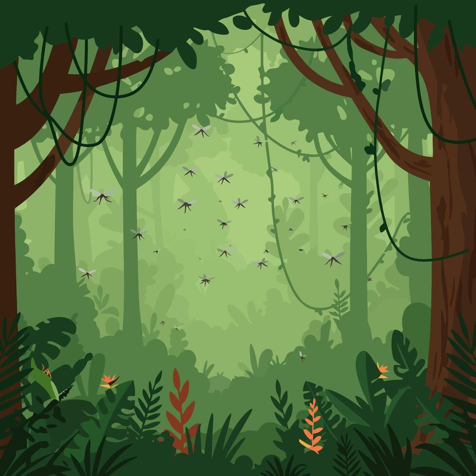 Flying Insects in a Dense Green Jungle with Tropical Plants vector