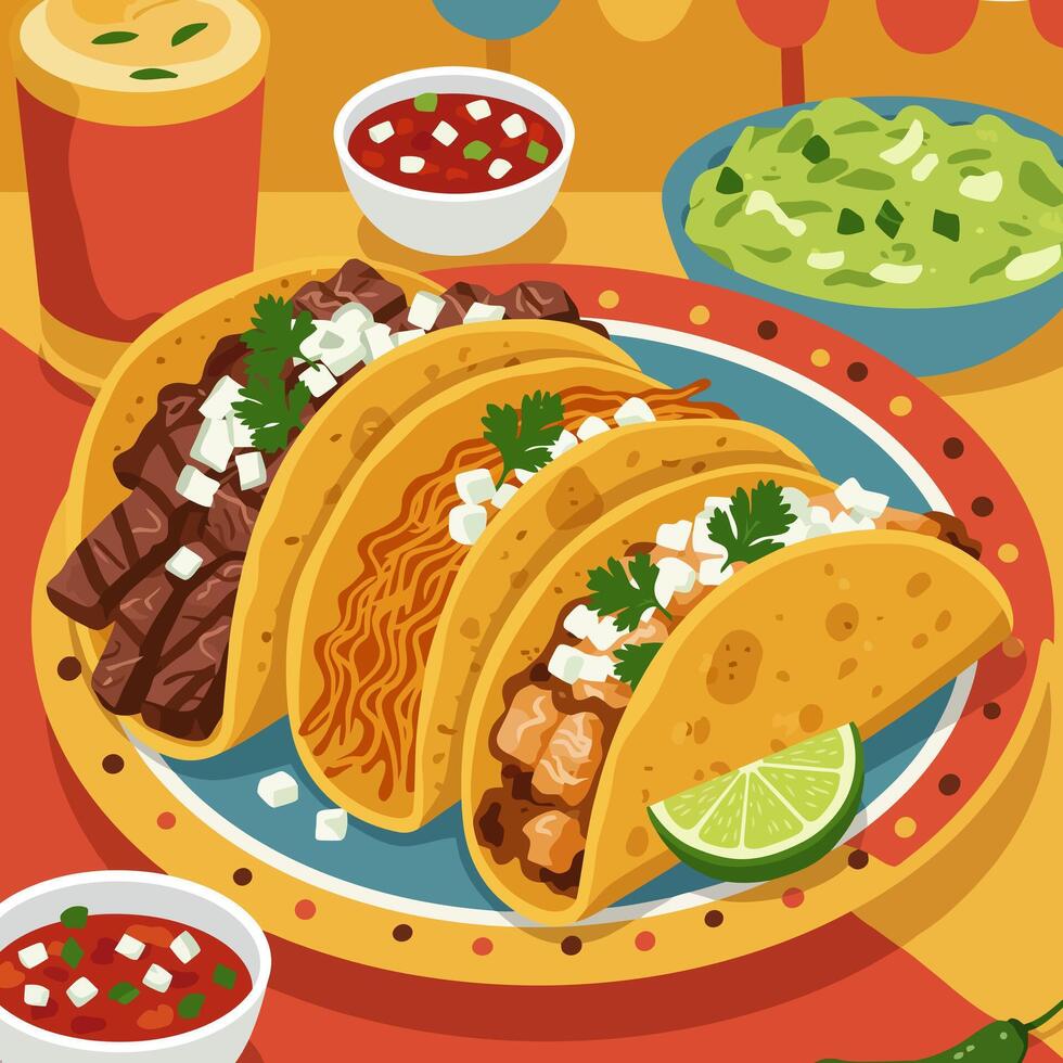 Colorful Taco Platter with Various Fillings and Salsas Illustration vector