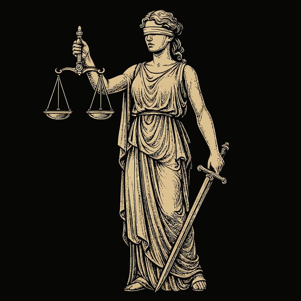 Standing Woman Statue Holding Scales and Sword on Black Background vector