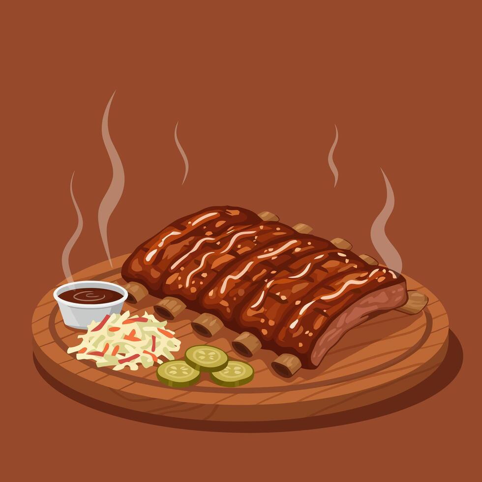Serving of Barbecue Ribs with Coleslaw and Sauce on Wood Board vector