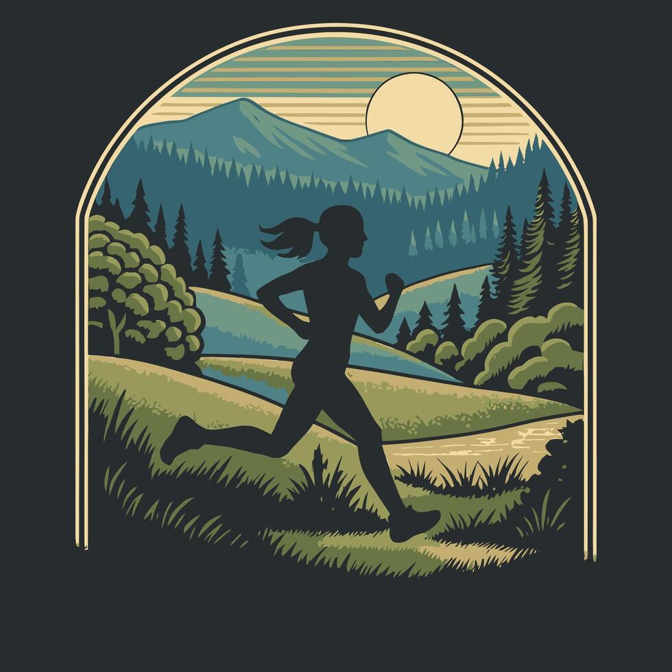 Woman Running Through Scenic Landscape with Mountains and Forest vector