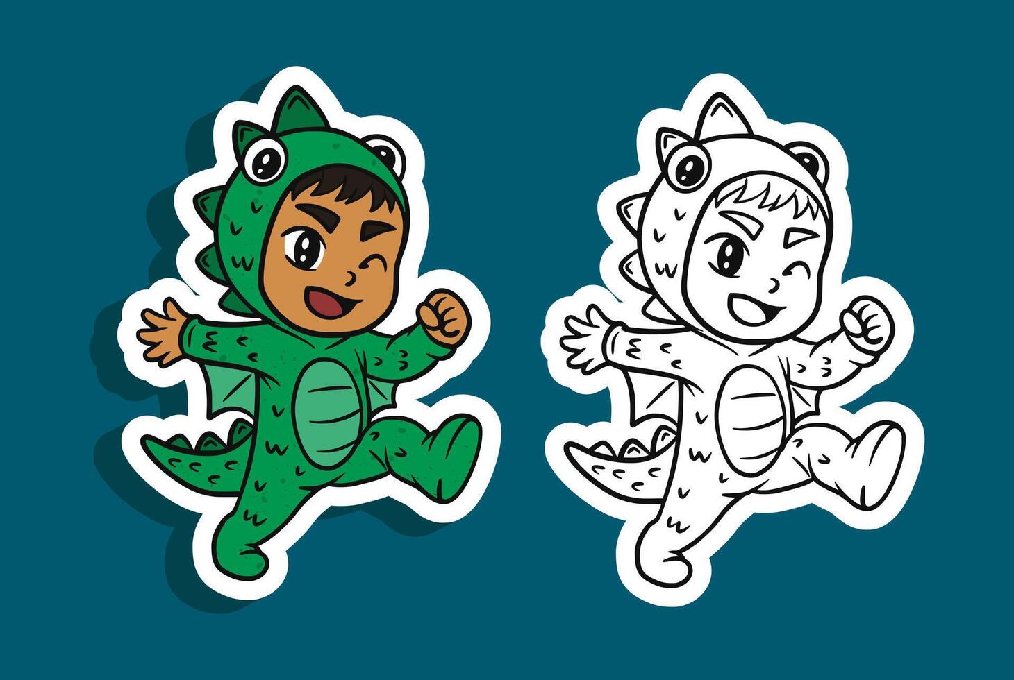 Child in a Green Dinosaur Costume Jumping and Smiling vector